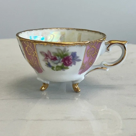 Vtg Pink Lusterware Footed Teacup Saucer Floral Gold Rim Tea Cup Iridescent - Picture 6 of 13